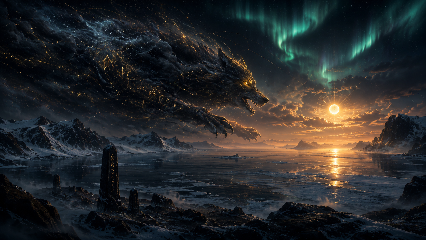 A colossal mythic wolf chasing the sun above a dark Nordic fjord.